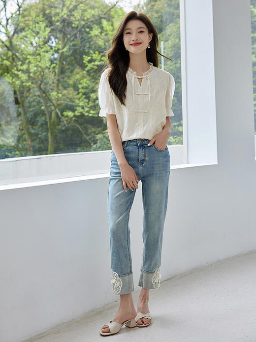 【专属特价】熙世界国风刺绣天丝衬衫2025夏天新款泡泡袖新中式衬衣别致上衣 商品图1