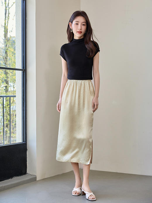 【五折购】熙世界100%醋酸缎面半身裙高级感2025夏季新款开叉褶皱直筒长裙 商品图2