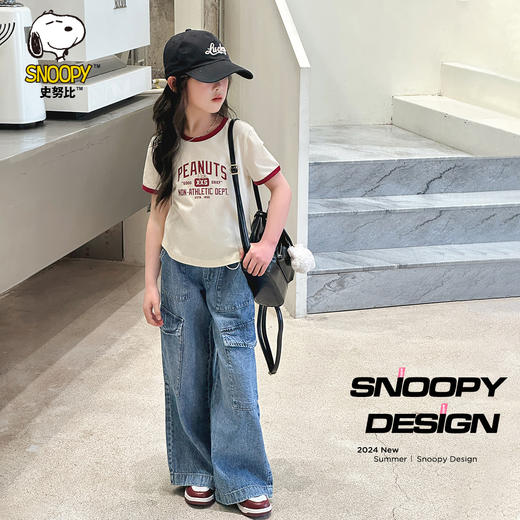 【130-165】【撞色收腰潮流t恤】【史努比】女童夏季撞色收腰潮流t恤（95%棉 5%氨纶） 商品图4