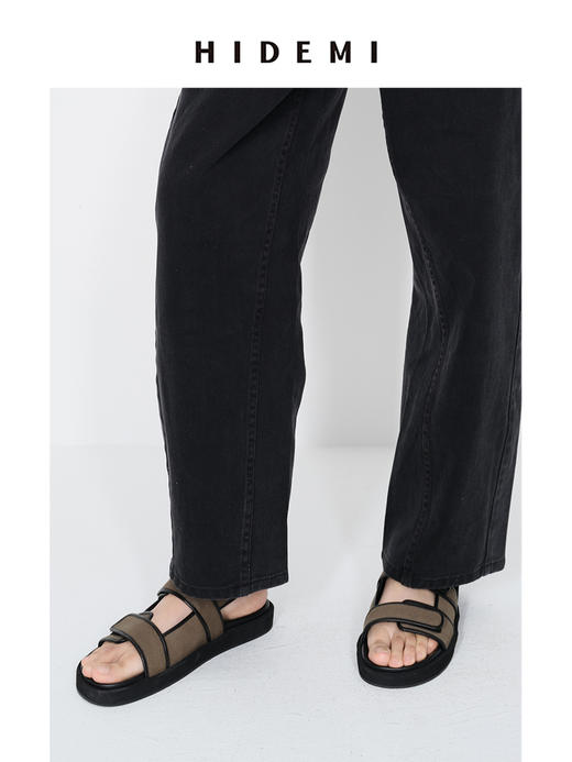 HIDEMI 魔术贴宽带设计感厚底凉鞋 军绿色帆布拼皮/黑色麂皮 商品图3