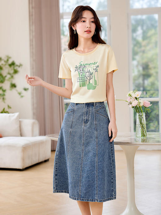 【专属特价】熙世界2025夏新款清新植物花卉印花T恤女短袖气质减龄凉感上衣 商品图2