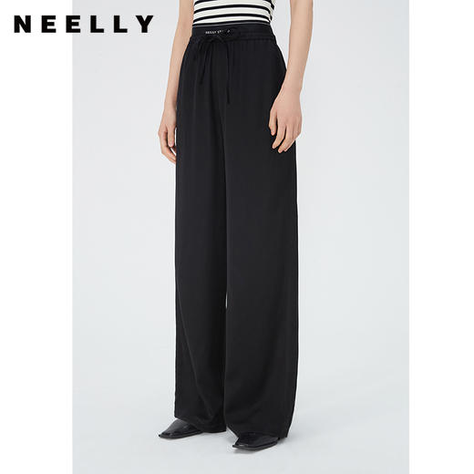 NEELLY纳俪商场同款黑色松紧腰系带休闲裤女夏季百搭拖地直筒裤N24051H01154 商品图1