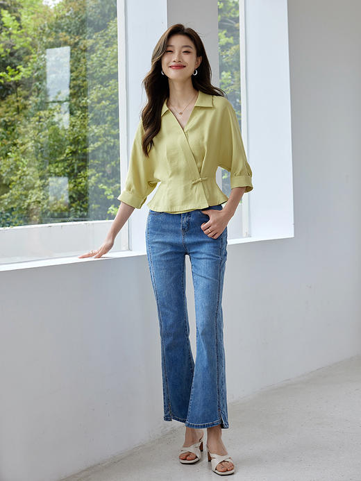 【专属特价】熙世界设计感国风收腰衬衫2025夏装新款七分蝙蝠袖翻领短款上衣 商品图2