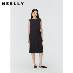 NEELLY纳俪商场同款桑蚕丝圆领无袖简约连衣裙女系带收腰显瘦裙子N24045Y01108