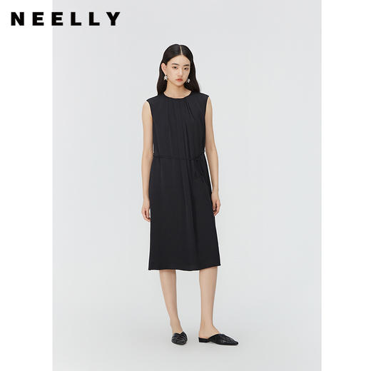 NEELLY纳俪商场同款桑蚕丝圆领无袖简约连衣裙女系带收腰显瘦裙子N24045Y01108 商品图0