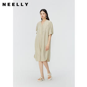 NEELLY纳俪商场同款桑蚕丝泡泡袖连衣裙女夏季气质V领中长直筒裙