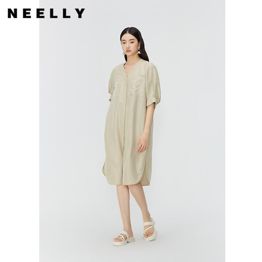 NEELLY纳俪商场同款桑蚕丝泡泡袖连衣裙女夏季气质V领中长直筒裙 商品图0