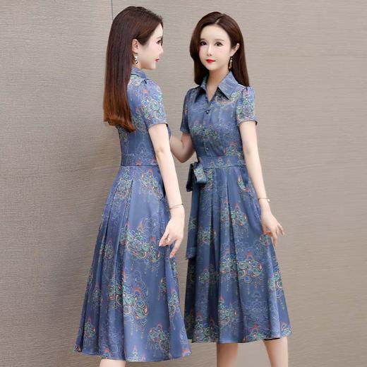 QYM-1722436蓝色印花连衣裙夏季新款短袖裙时尚气质女装中长款A字裙 商品图1