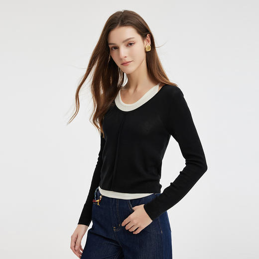 PE636斯尔丽2024新款撞色假两件轻薄显瘦时尚百搭针织上衣 商品图2