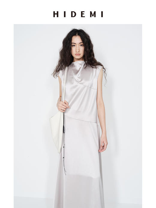 HIDEMI 极简不对称纽扣镂空设计感无袖缎面系列连衣裙/上衣 商品图9