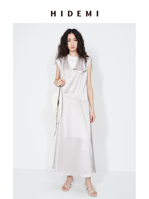 HIDEMI 极简不对称纽扣镂空设计感无袖缎面系列连衣裙/上衣 商品图7