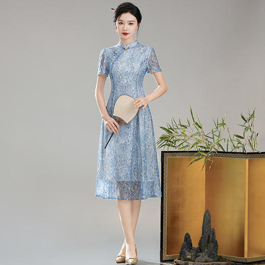 XGTQ24025清蓝2024夏装新款改良新中式国风女装日常修身旗袍连衣裙 商品图3