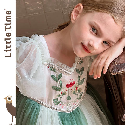 littletime女童法式田园绣花短袖2024春夏公主小女孩连衣裙 商品图2