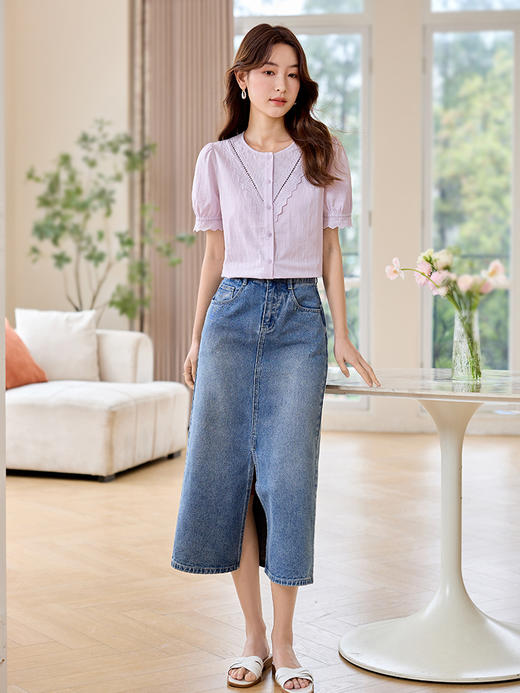 【专属特价】熙世界法式文艺纯棉衬衫女短袖2025夏款花边圆领泡泡袖别致上衣 商品图2