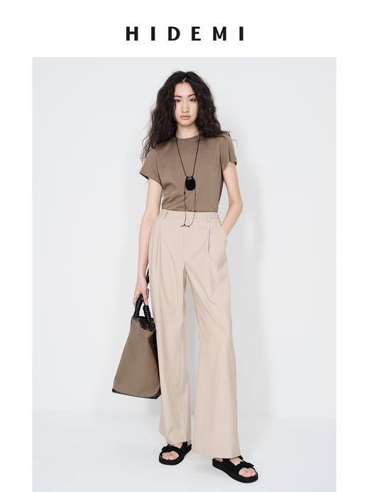 HIDEMI 【董生活同款】极简细条纹压褶设计感宽松阔腿中低腰西裤长裤 藏蓝色/燕麦色 商品图7