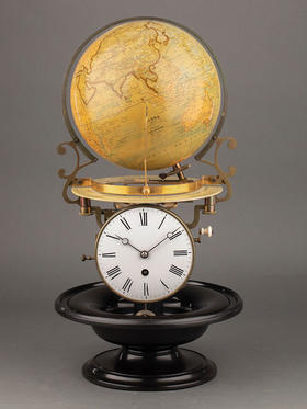 独角鹿西洋古董1870年代法国出品铜鎏金珐琅装饰底座地球仪时钟摆件
