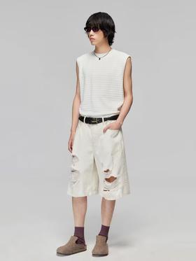 Simple Project/K24900/白色纯棉复古做旧刀割破坏阔腿牛仔短裤