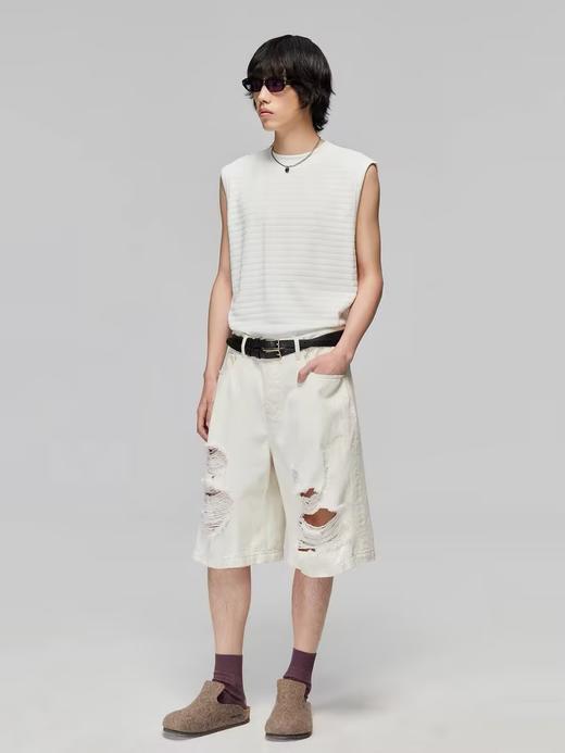 Simple Project/K24900/白色纯棉复古做旧刀割破坏阔腿牛仔短裤 商品图0