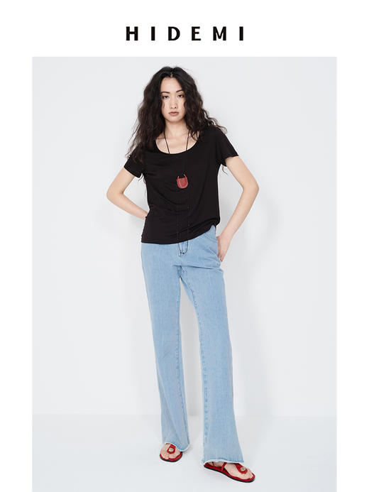 HIDEMI 经典牛仔系列水洗做旧感滚边水洗蓝微喇牛仔裤 商品图4