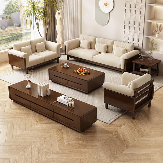 实木布艺沙发1186#原木色+绿色面料（齐） 商品图2