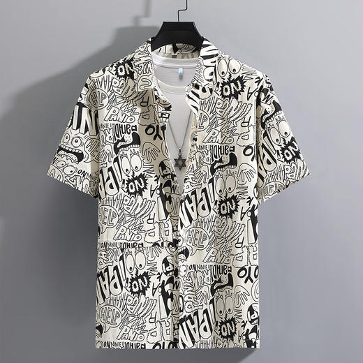 【超大码】【新款DFF】潮男大码卡通涂鸦痞帅短袖衬衣加肥加大宽松棉半袖衬衫320斤时尚胖子男士 商品图1