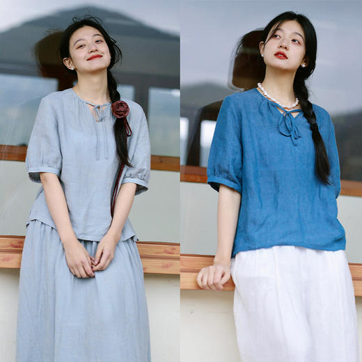 绽放193朵/法国进口酵洗色织亚麻亲肤透气短袖宽松文艺休闲衬衫 商品图1