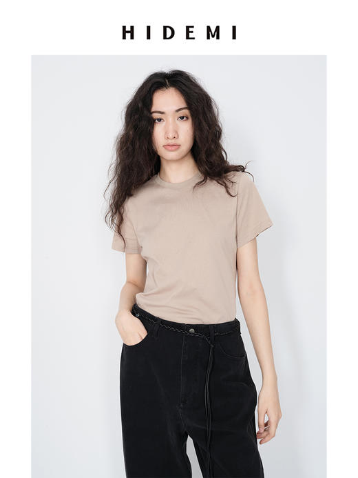 HIDEMI 极简小圆领水洗棉针织自然透气感短款短袖t恤 军绿色/黑色/白色/燕麦色 商品图3