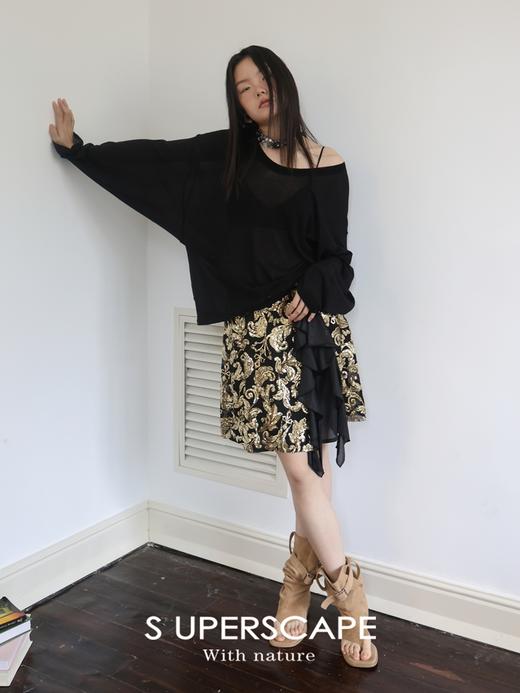 【199/2件自选福袋不退换】金色重工刺绣珠片撞色流苏荷叶边开衩半裙 商品图4