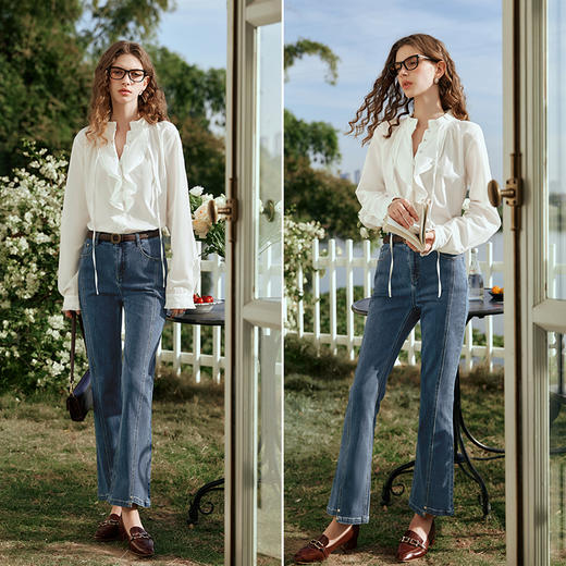 OLrain欧芮儿蓝色牛仔裤女夏季2024年新款简约百搭显瘦微喇裤 商品图4