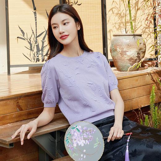 玳莎植物提花圆领针织衫女2024年夏季新款优雅轻薄天丝短袖上衣  EB33103 商品图1