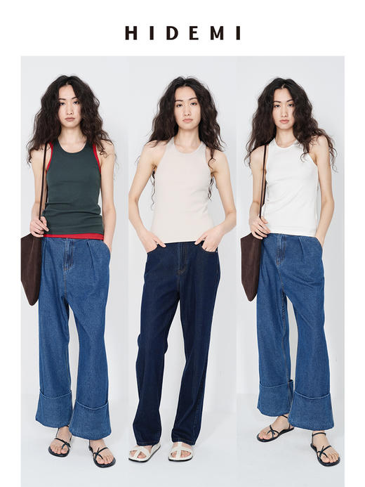 HIDEMI 极简圆领设计感针织坑条弹力工字背心 艺术灰蓝/浅米色/白色 商品图0