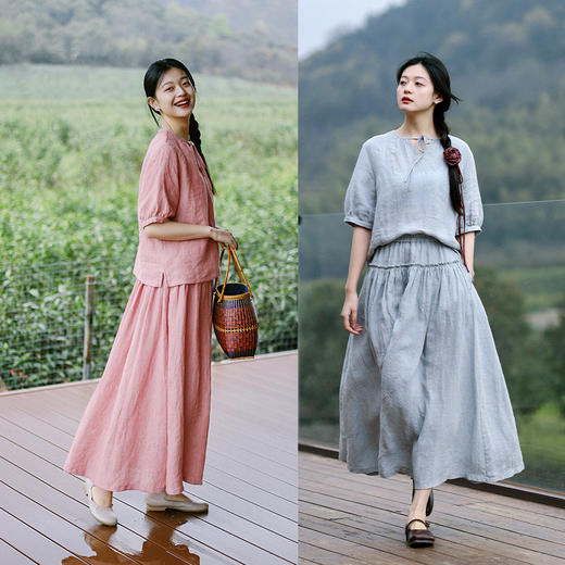 绽放193朵/法国进口酵洗色织亚麻亲肤透气短袖宽松文艺休闲衬衫 商品图2