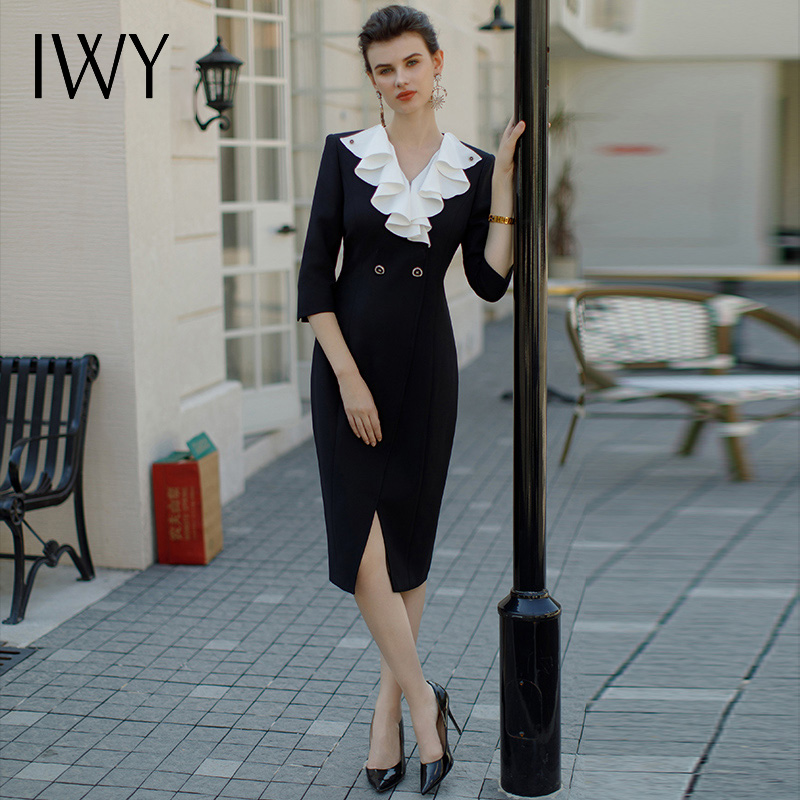 IWY/法式名媛连衣裙设计感木耳领边长裙夏季黑色职业裙正装Q1059