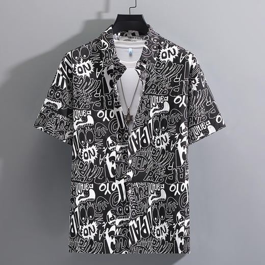 【超大码】【新款DFF】潮男大码卡通涂鸦痞帅短袖衬衣加肥加大宽松棉半袖衬衫320斤时尚胖子男士 商品图2