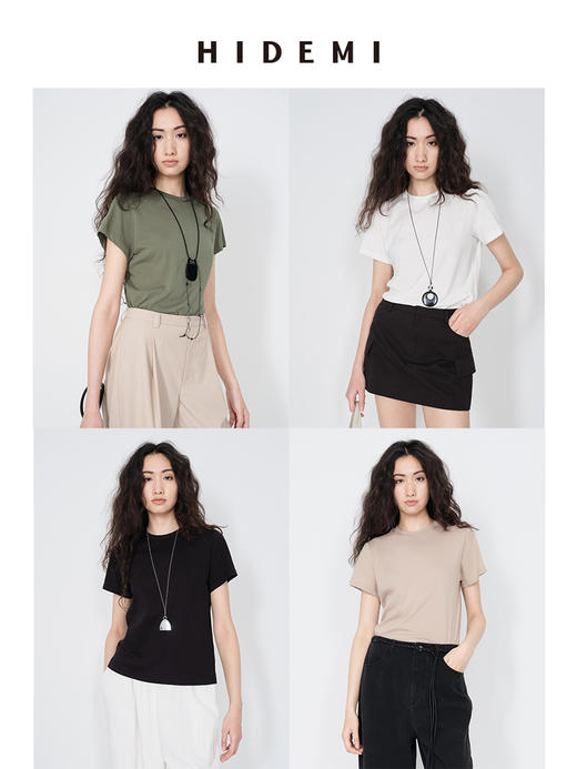 HIDEMI 极简小圆领水洗棉针织自然透气感短款短袖t恤 军绿色/黑色/白色/燕麦色 商品图0