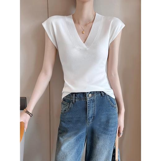 冰丝针织衫打底衫女薄款夏季新款V领时尚气质短袖修身飞飞袖上衣_HLY 商品图7