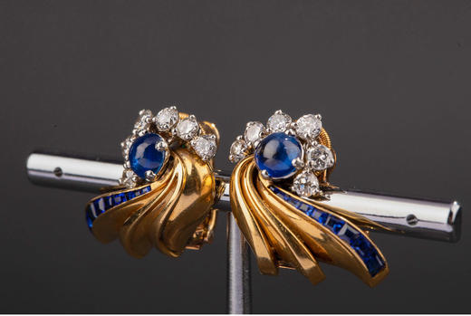 独角鹿西洋古董1940年代法国出品18K黄金铂金镶嵌钻石及蓝宝石耳夹一对 商品图1
