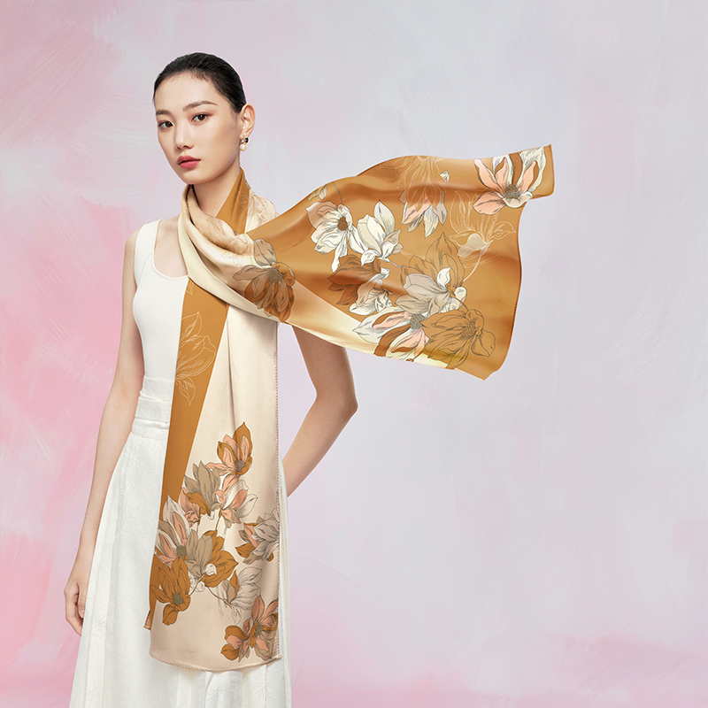 万事利“玉兰赋·幽兰花意”双面印花素绉缎长巾