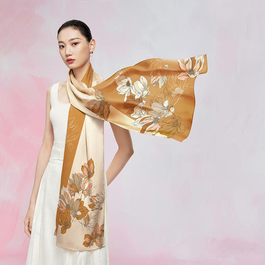 万事利“玉兰赋·幽兰花意”双面印花素绉缎长巾 商品图0