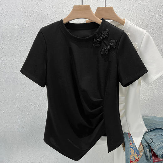 2024新款设计感黑色短袖t恤女夏季不规则新中式国风盘扣洋气上衣   JW-R6586 商品图1