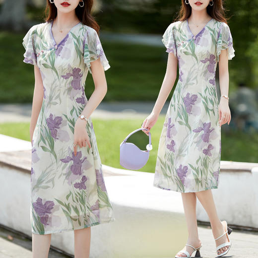 ahm-2212新中式改良V领旗袍裙夏季新款小个子时尚印花小飞袖连衣裙 商品图1