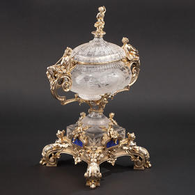 【已售】独角鹿西洋古董1880年代欧洲出品古希腊神话主题精雕银镀金托架镶嵌青金石及蚀刻水晶糖罐/餐桌摆件