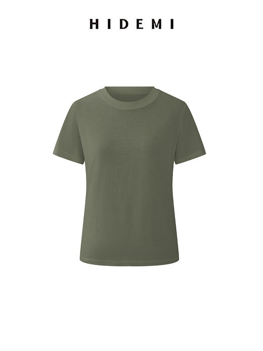 HIDEMI 极简小圆领水洗棉针织自然透气感短款短袖t恤 军绿色/黑色/白色/燕麦色 商品图10