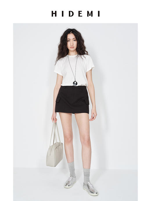 HIDEMI 极简小圆领水洗棉针织自然透气感短款短袖t恤 军绿色/黑色/白色/燕麦色 商品图2