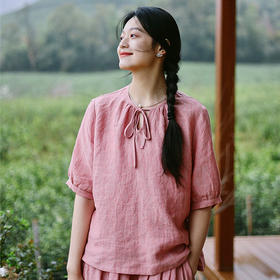 绽放193朵/法国进口酵洗色织亚麻亲肤透气短袖宽松文艺休闲衬衫