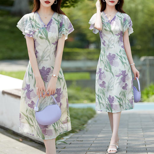 ahm-2212新中式改良V领旗袍裙夏季新款小个子时尚印花小飞袖连衣裙 商品图2