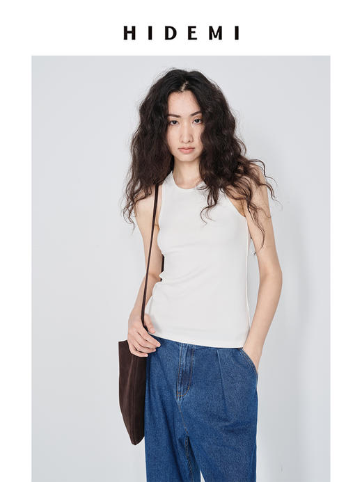 HIDEMI 极简圆领设计感针织坑条弹力工字背心 艺术灰蓝/浅米色/白色 商品图4