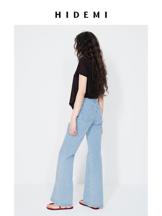 HIDEMI 经典牛仔系列水洗做旧感滚边水洗蓝微喇牛仔裤 商品图5