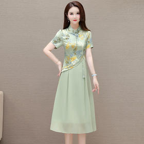 QYM-SL28159中式连衣裙夏季新款复古改良旗袍裙假两件拼结时尚印花中长裙