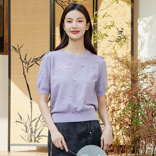 玳莎植物提花圆领针织衫女2024年夏季新款优雅轻薄天丝短袖上衣  EB33103 商品图0